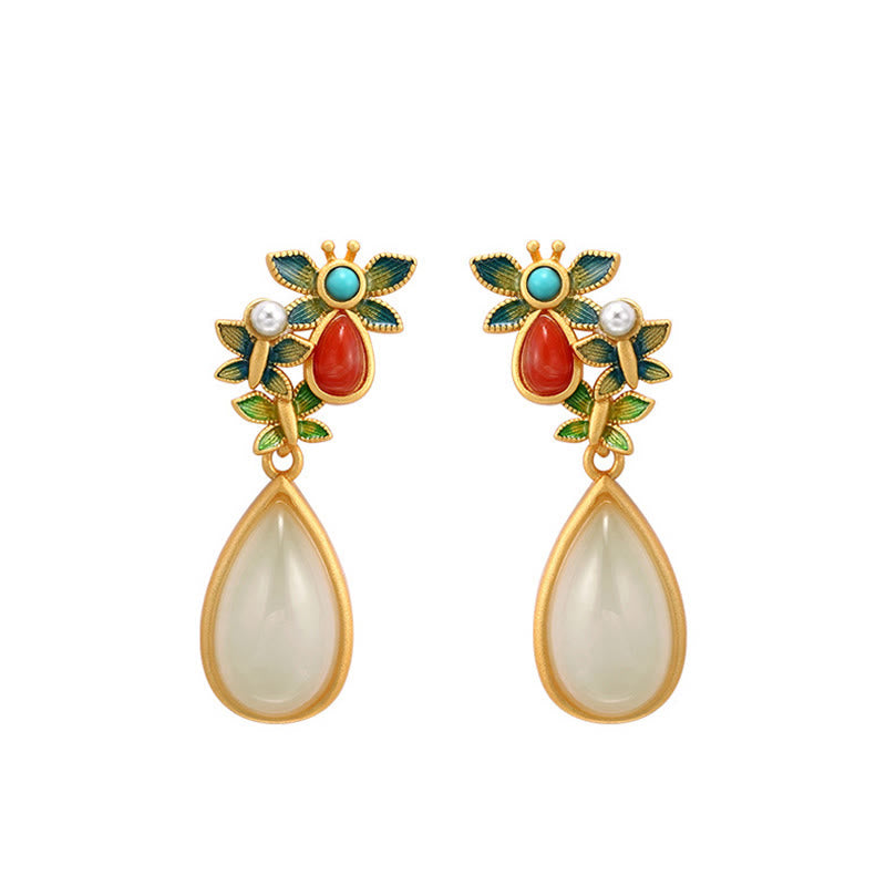 White Jade Butterfly Protection Drop Earrings 3.2cm