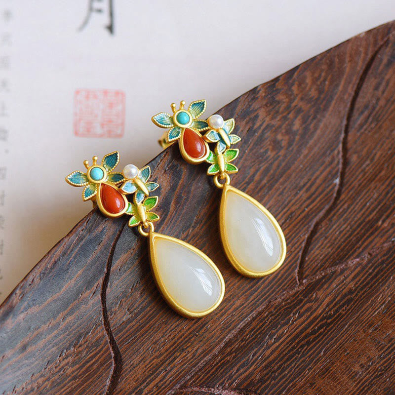 White Jade Butterfly Protection Drop Earrings 3.2cm