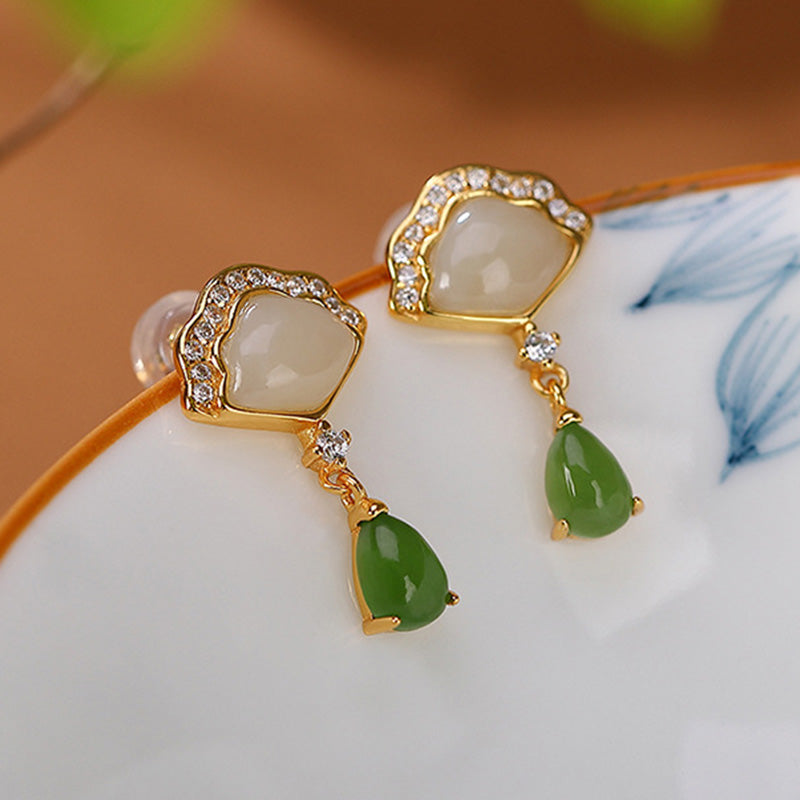 White Jade Cyan Jade Luck Drop Earrings 20mm Length