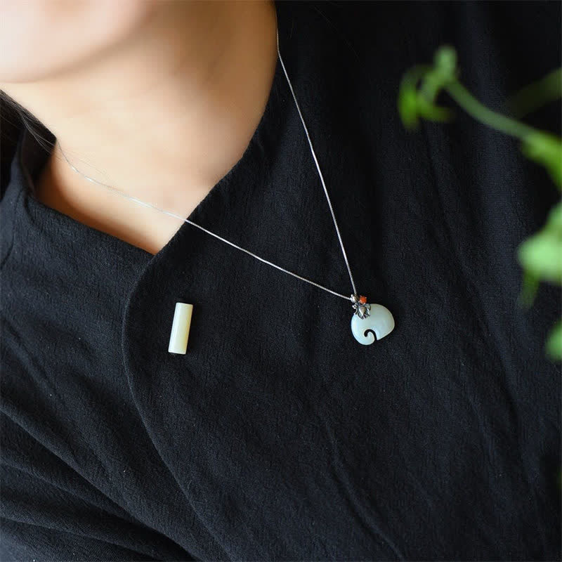 White Jade Elephant Lotus Protection Necklace 45cm