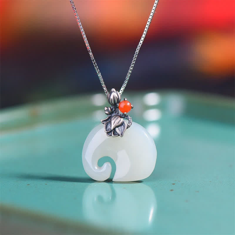 White Jade Elephant Lotus Protection Necklace 45cm