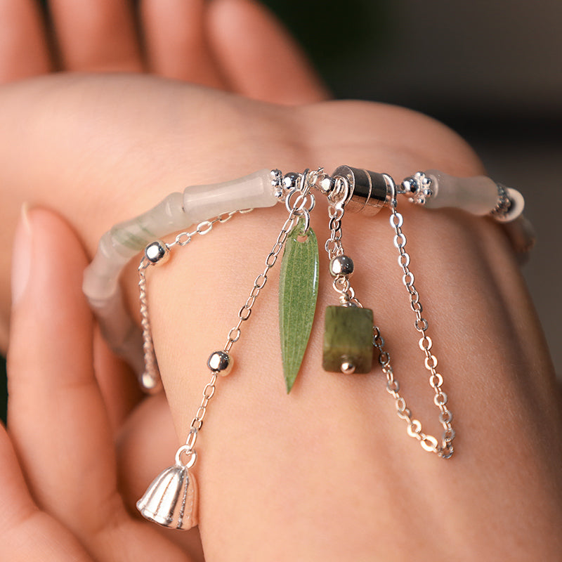 White Jade Happiness Bracelet with Bamboo Leaf Lantern Charm