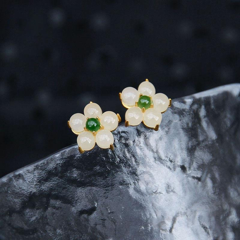 White Jade Luck Blessing Stud Earrings for Protection