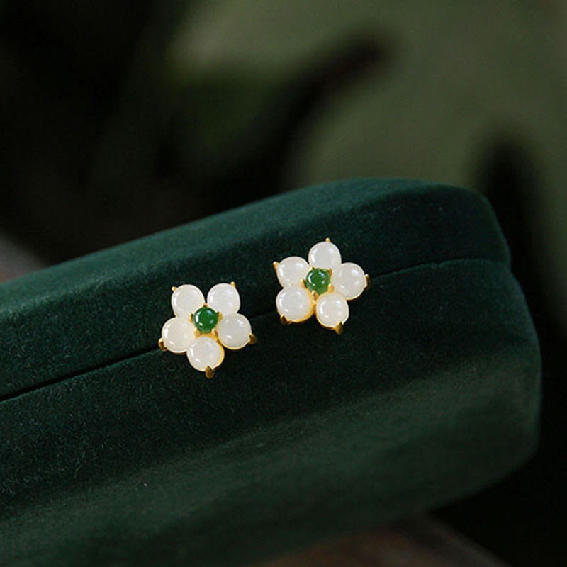 White Jade Luck Blessing Stud Earrings for Protection