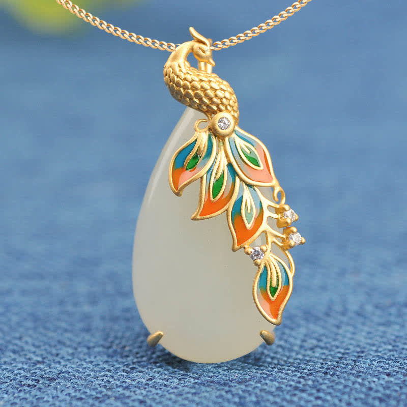 White Jade Peacock Protection Necklace for Wisdom and Luck