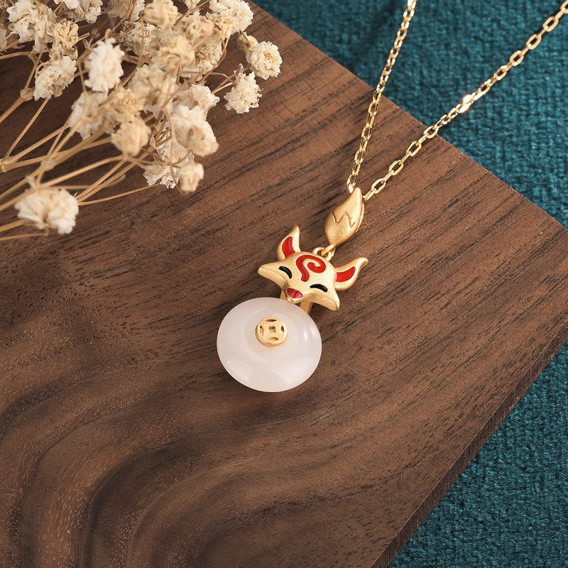 White Jade Protection Necklace with Copper Fox Coin Pendant