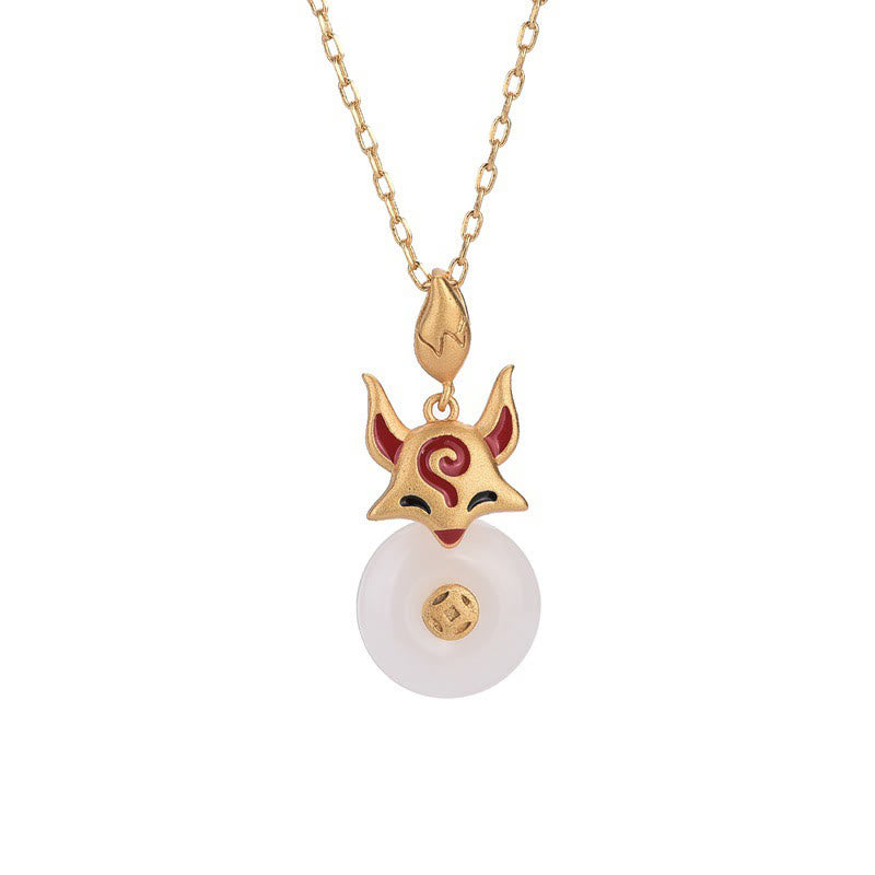White Jade Protection Necklace with Copper Fox Coin Pendant