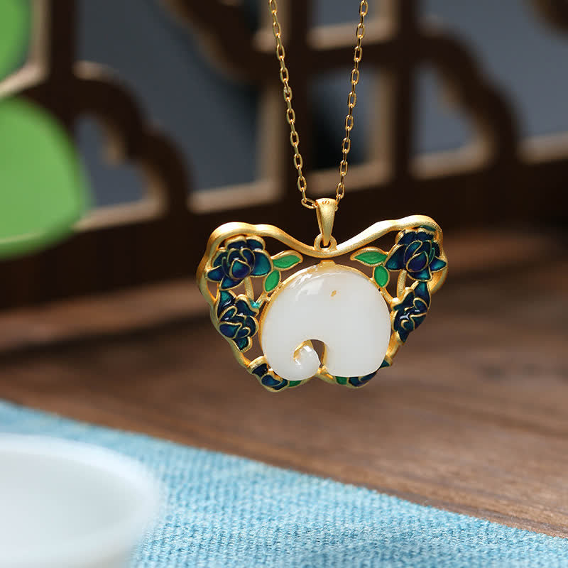 White Jade Success Necklace with Elephant Butterfly Lotus