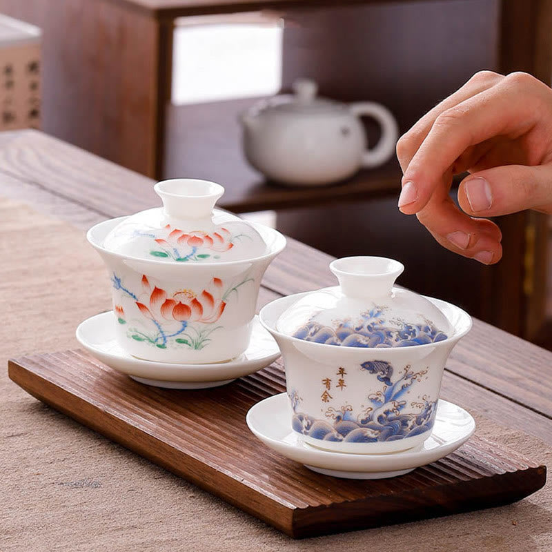 White Porcelain Gaiwan Tea Cup with Lid - Zen Decor