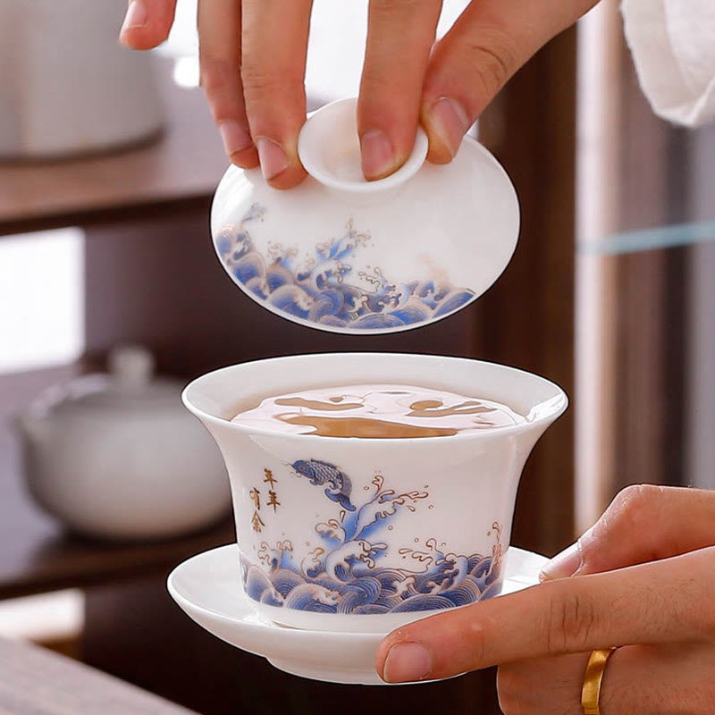 White Porcelain Gaiwan Tea Cup with Lid - Zen Decor