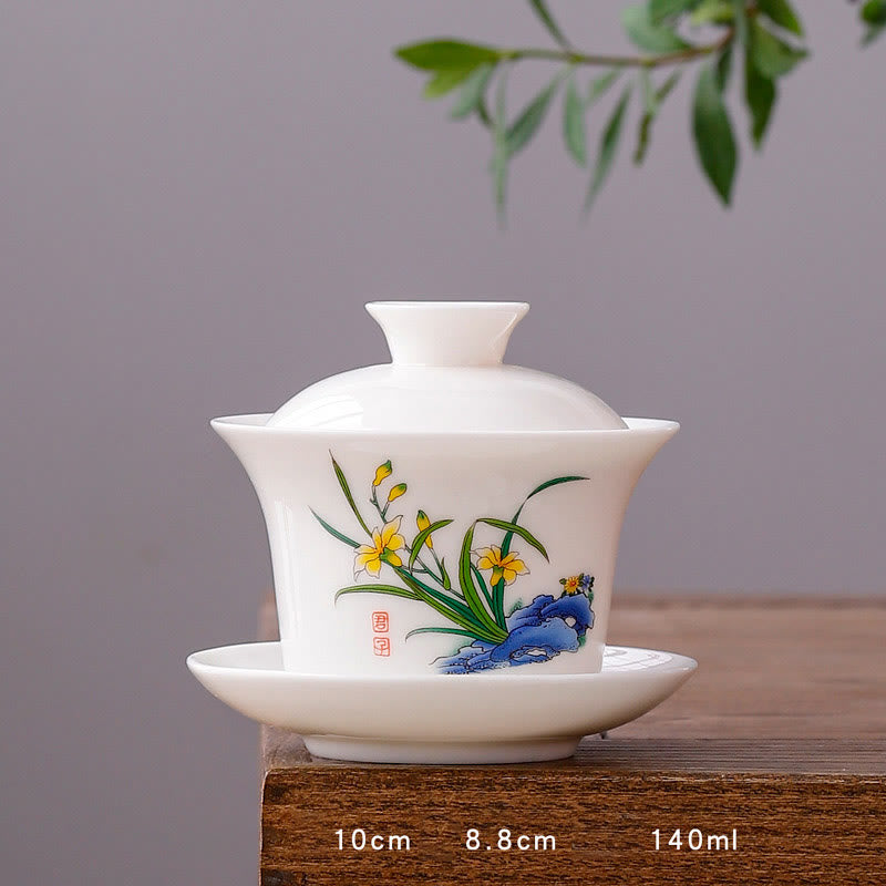 White Porcelain Gaiwan Tea Cup with Lid - Zen Decor