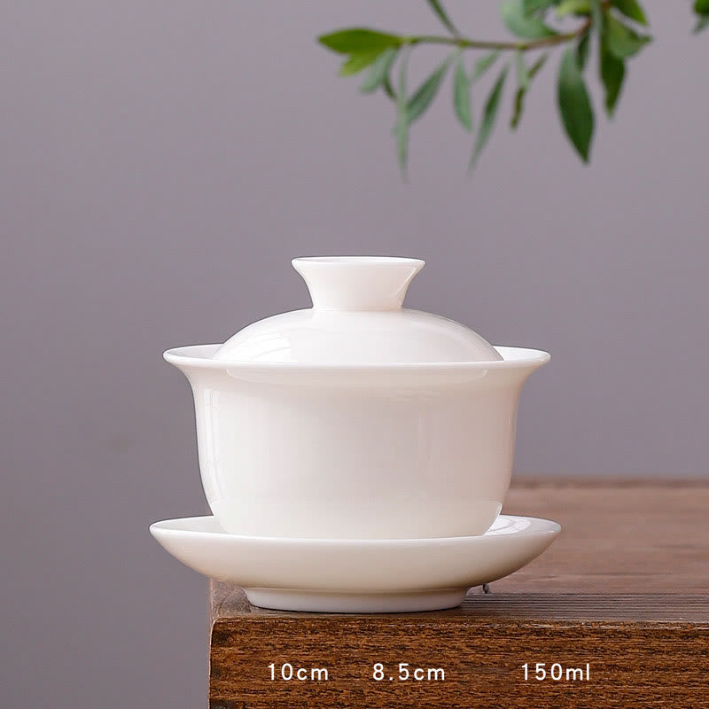 White Porcelain Gaiwan Tea Cup with Lid - Zen Decor