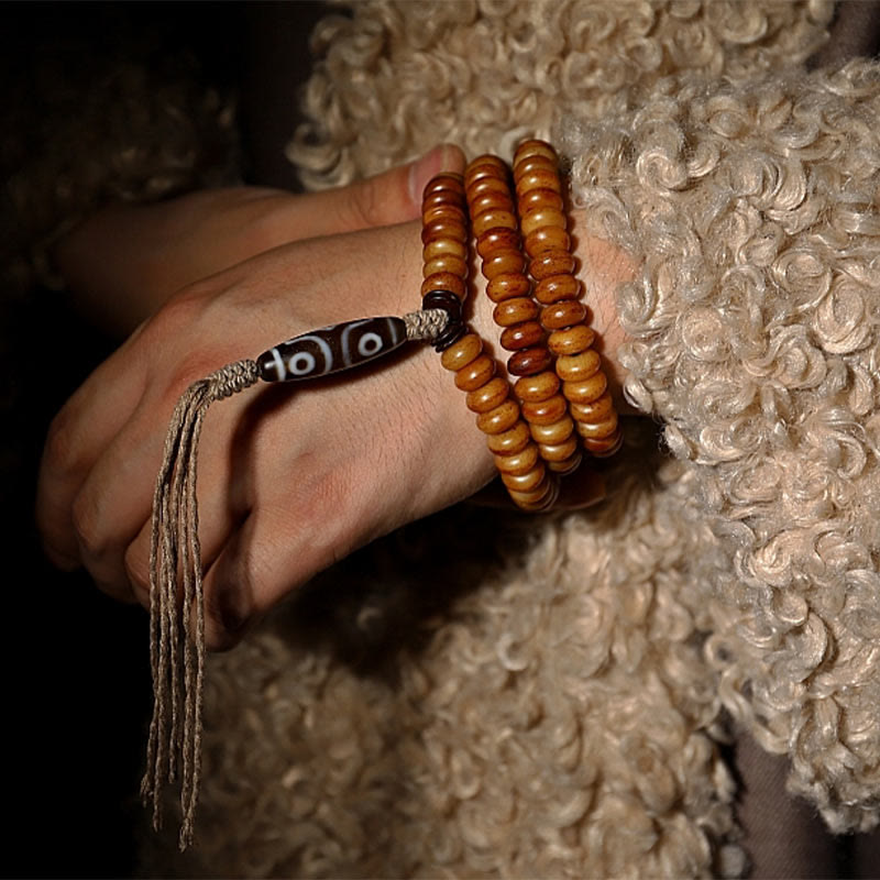 Yak Bone Protection Bracelet with Three-eyed Dzi Bead - 108 Beads