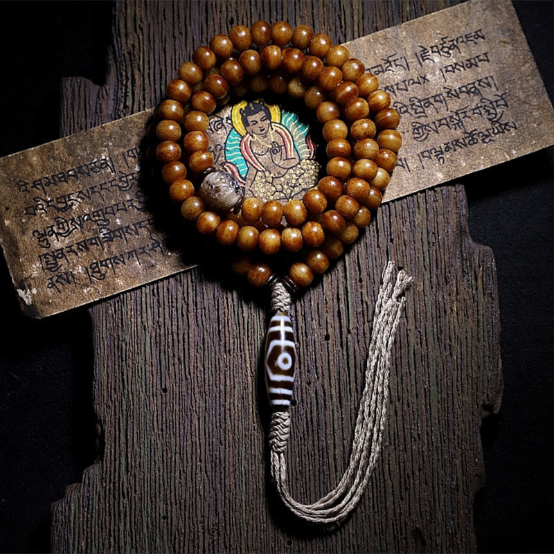 Yak Bone Protection Bracelet with Three-eyed Dzi Bead - 108 Beads