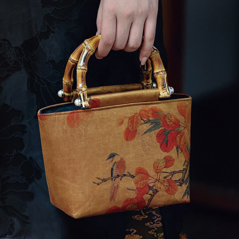 Yellow Bird Green Peony Bamboo Handle Handbag | Spiritual Accessory