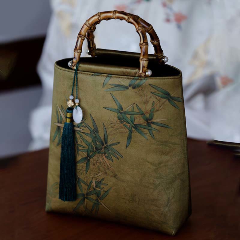 Yellow Green Bamboo Leaves Handbag with Bamboo Handles | Spiritual Accessory