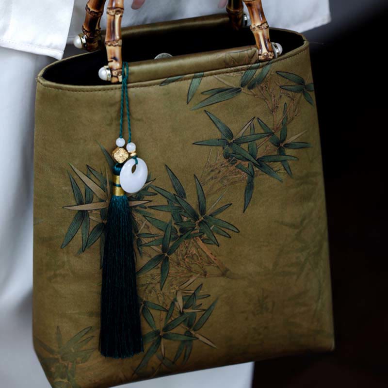 Yellow Green Bamboo Leaves Handbag with Bamboo Handles | Spiritual Accessory