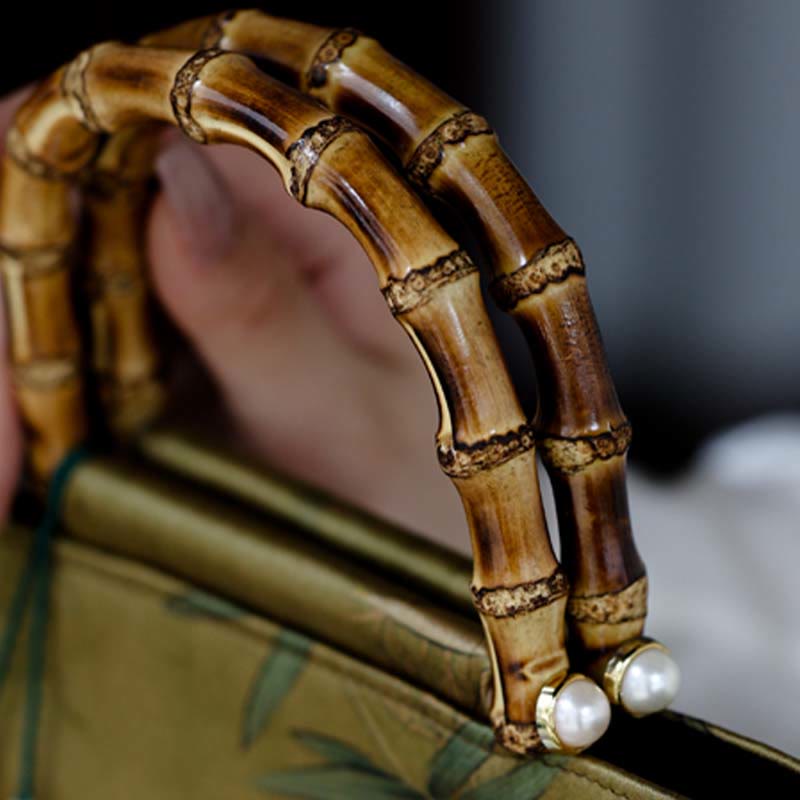 Yellow Green Bamboo Leaves Handbag with Bamboo Handles | Spiritual Accessory