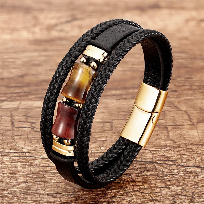 Yellow Tiger Eye Multi-layer Leather Bracelet for Courage & Integrity