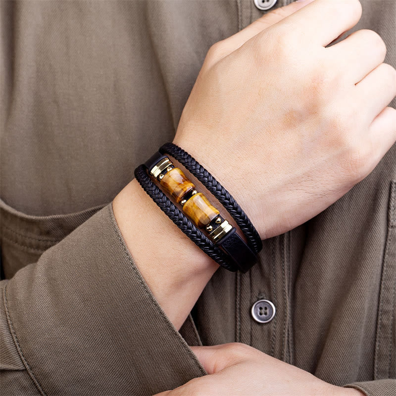 Yellow Tiger Eye Multi-layer Leather Bracelet for Courage & Integrity