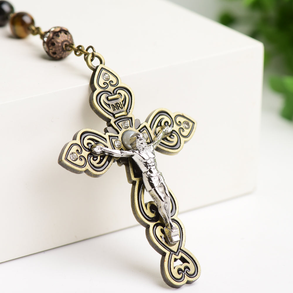 Yellow Tiger Eye Protection Necklace with Cross Pendant