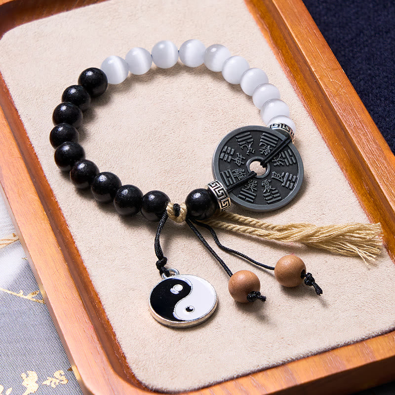 Yin Yang Cat's Eye Ebony Wood Support Rope Bracelet