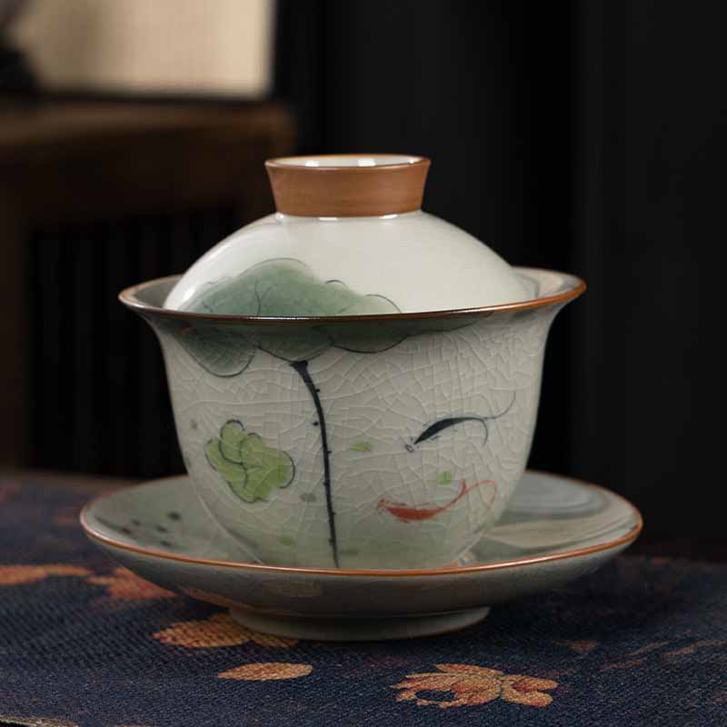 Zen Ceramic Lotus Koi Fish Gaiwan Teacup 140ml