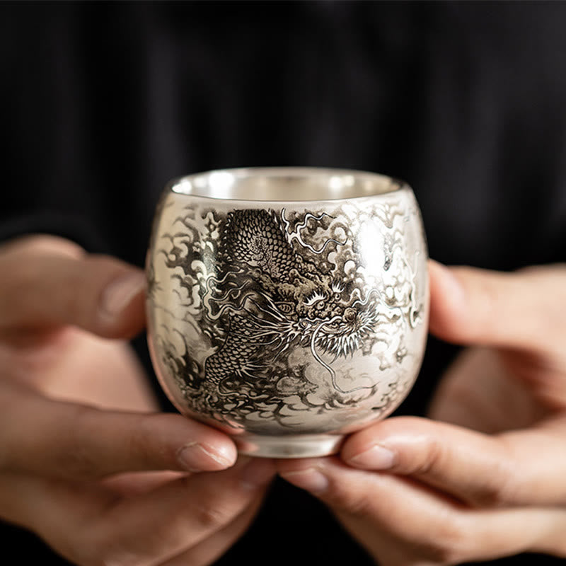 Zen Ceramic Tea Cup with Dragon and Nature Motifs