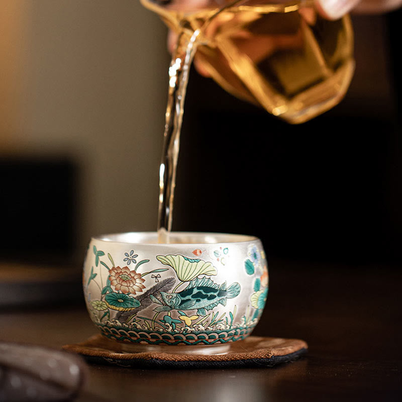 Zen Ceramic Tea Cup with Dragon and Nature Motifs