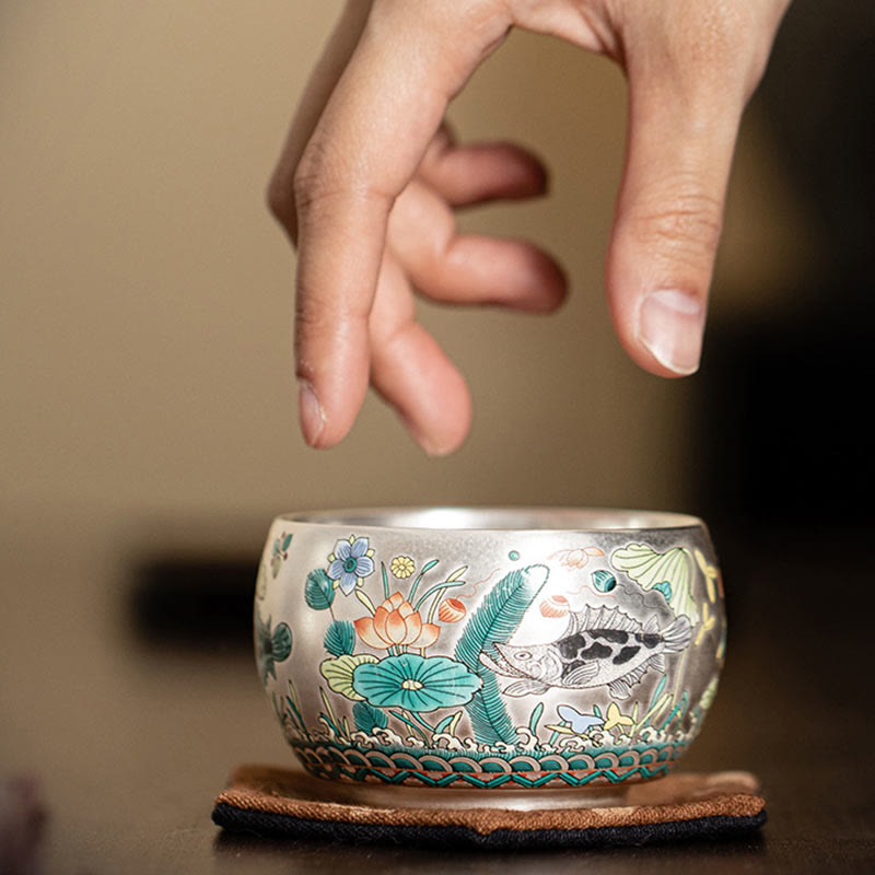 Zen Ceramic Tea Cup with Dragon and Nature Motifs