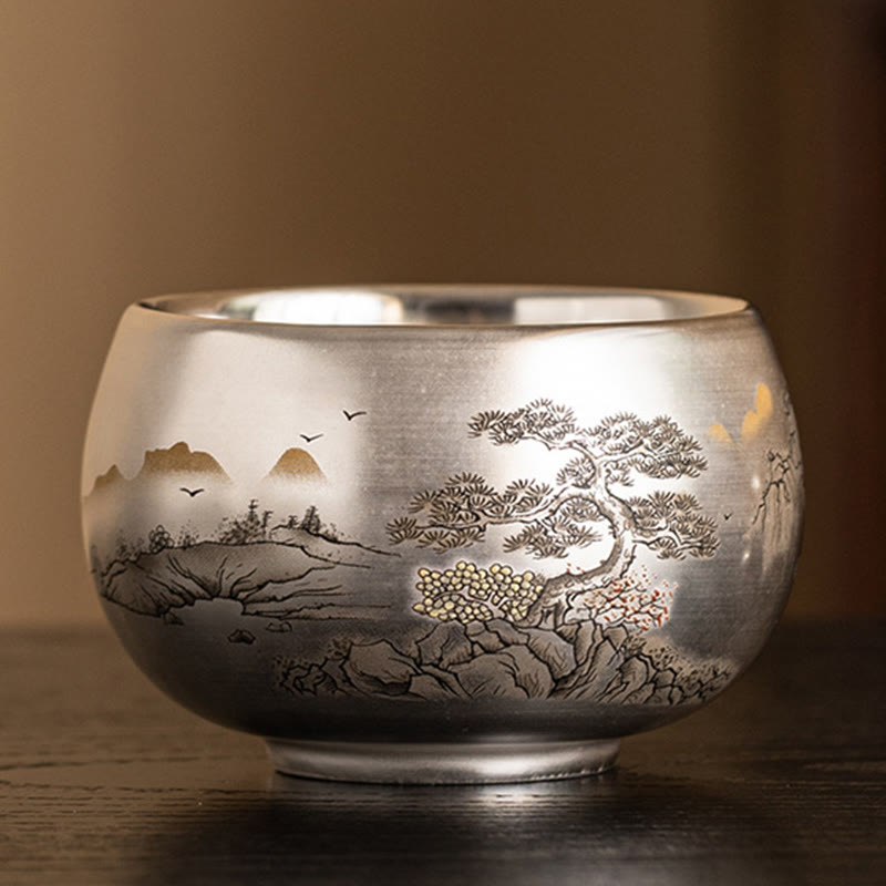 Zen Ceramic Tea Cup with Dragon and Nature Motifs