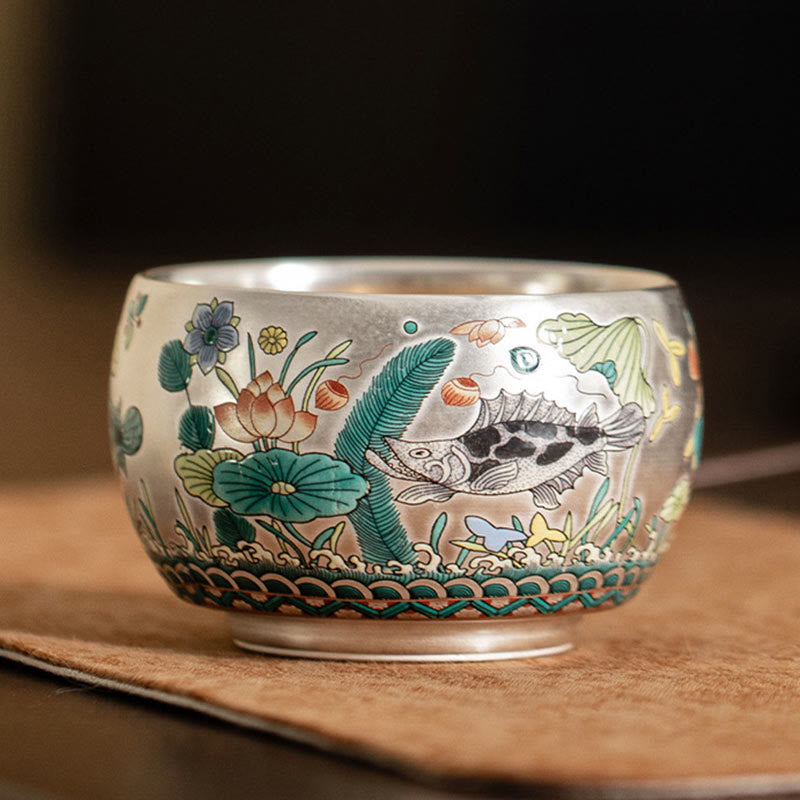 Zen Ceramic Tea Cup with Dragon and Nature Motifs