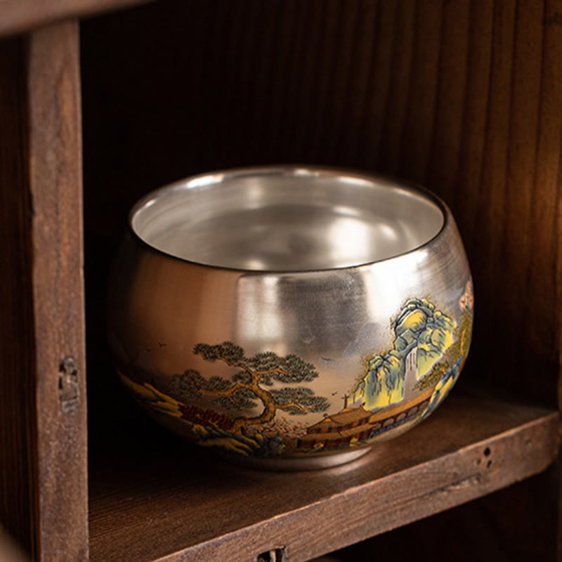 Zen Ceramic Tea Cup with Dragon and Nature Motifs