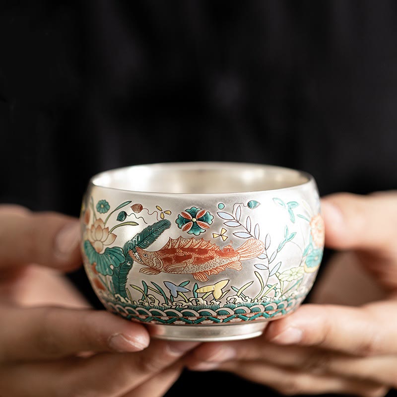 Zen Ceramic Tea Cup with Dragon and Nature Motifs