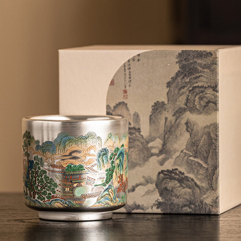 Zen Ceramic Tea Cup with Dragon and Nature Motifs