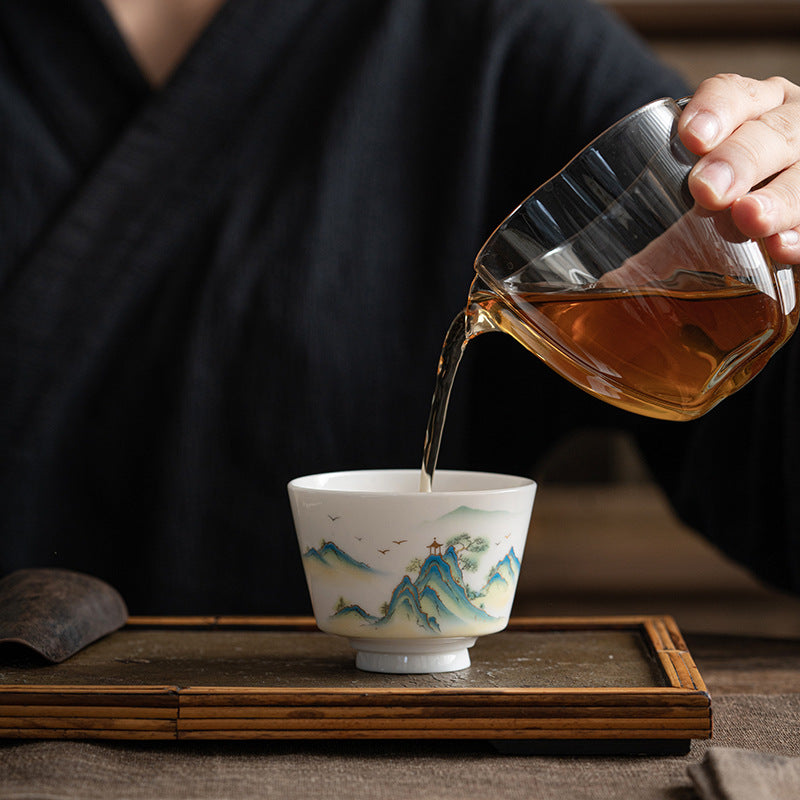 Zen Ceramic Teacup with Lotus Flower and Mountain Design 100ml
