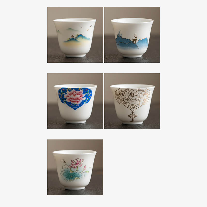 Zen Ceramic Teacup with Lotus Flower and Mountain Design 100ml