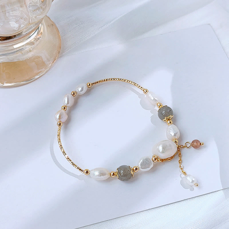 Pearl Moonstone Optimism Bracelet with Strawberry Quartz Beads