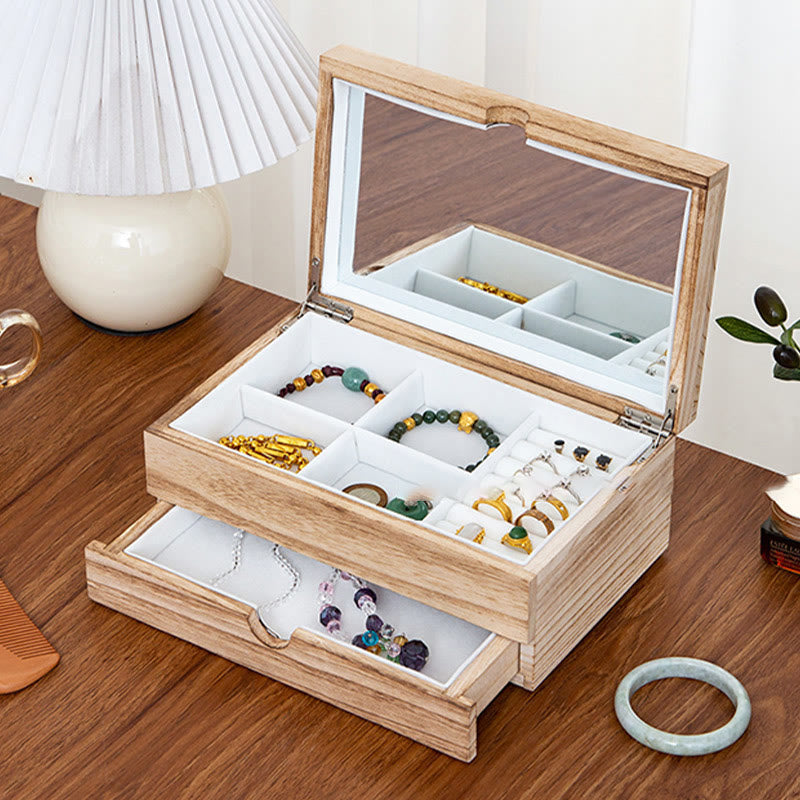 Two-Layer Beige Wooden Jewelry Box with Mirror | Spiritual Home Accents