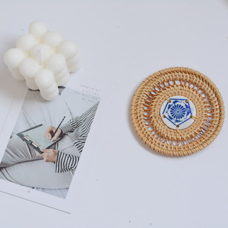 Ceramic Flower Pattern Rattan Cup Mat | 10cm Coaster
