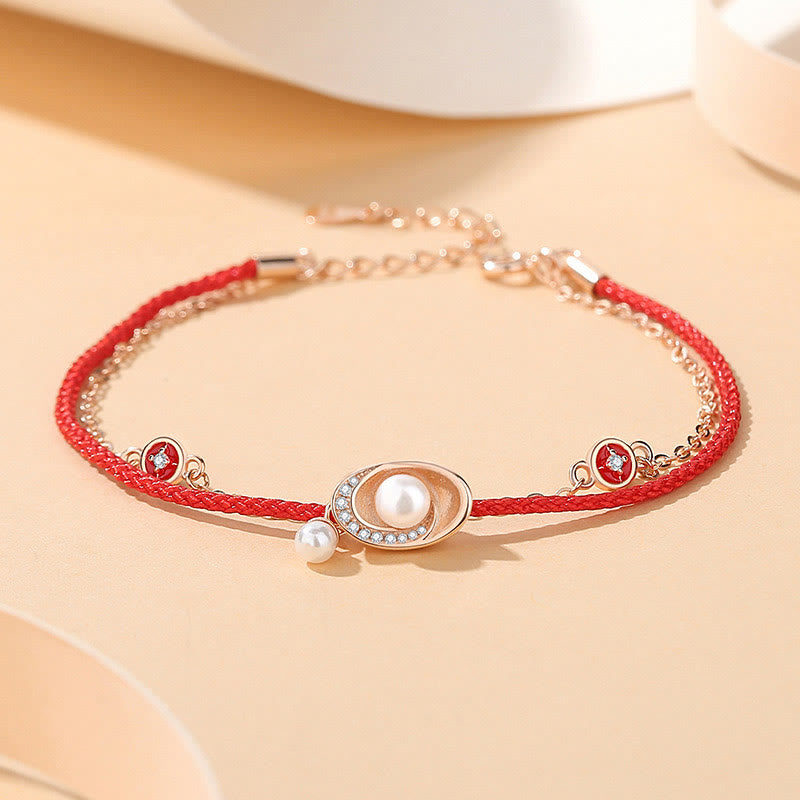 Sterling Silver Pearl Copper Coins Necklace & Red Rope Bracelet Set