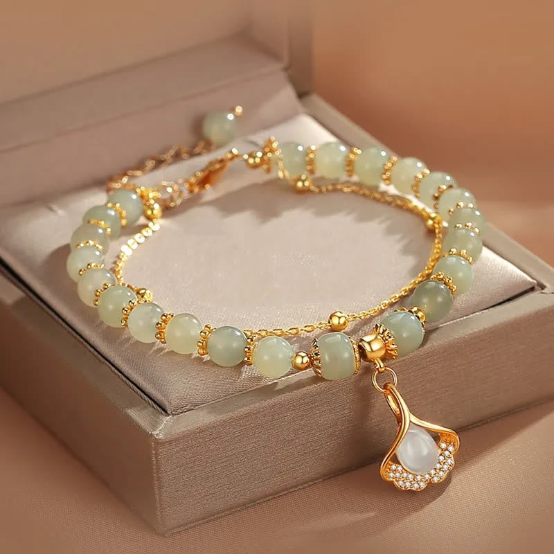 Jade Luck Beaded Bracelet with Leaf, Tulip & Fu Symbol