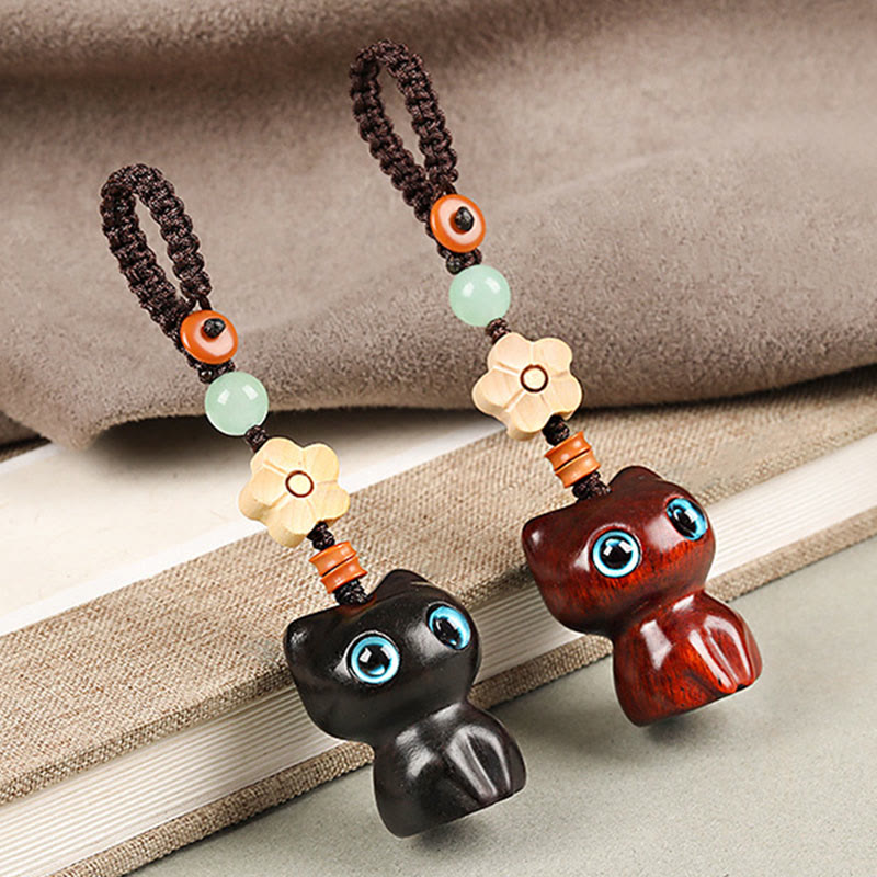 Ebony Wood Lucky Cat Key Chain for Spiritual Peace & Balance