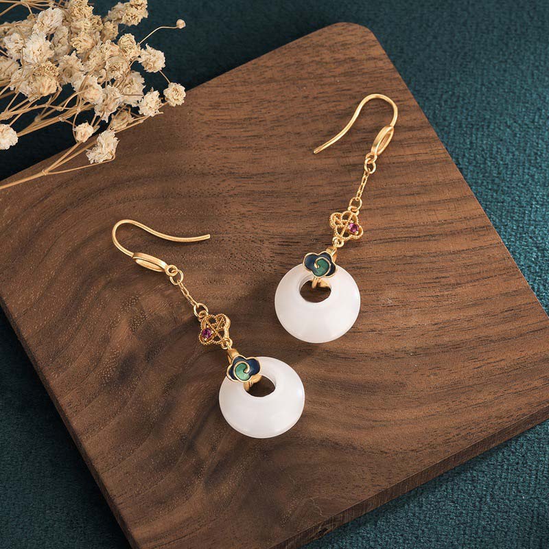 White Jade Blessing Drop Earrings for Protection & Luck