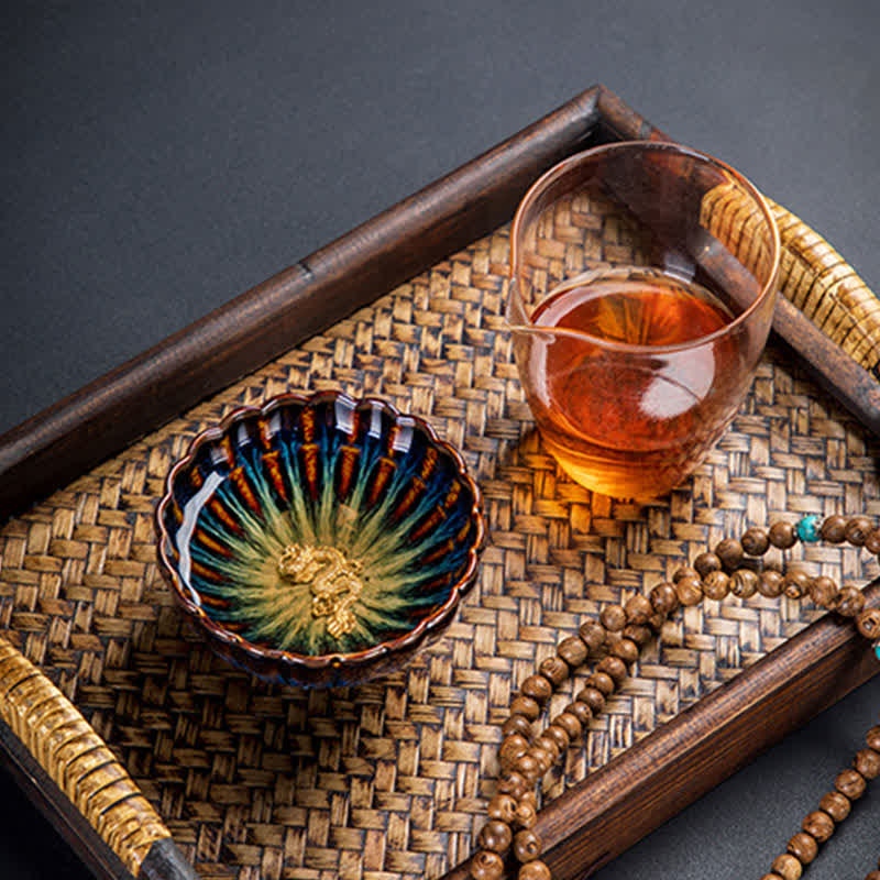 130ml Lotus Dragon Ceramic Tea Cup with Auspicious Inlaid Art