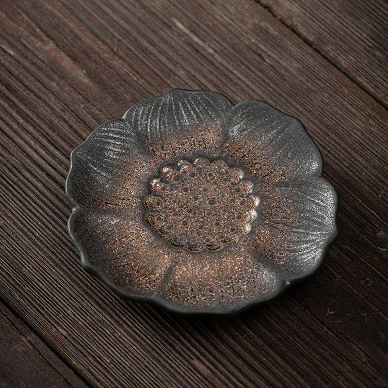 Vintage Lotus Flower Ceramic Tea Mat 9.8cm Brown | Zen Decor