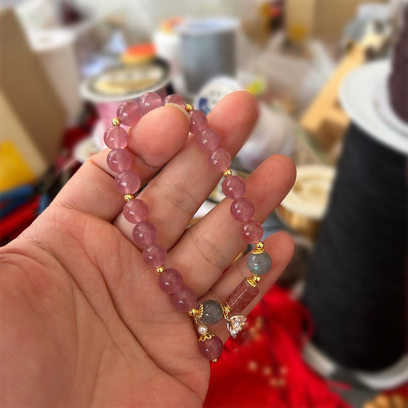 Strawberry Quartz Charm Bracelet with Zircon Flower for Love