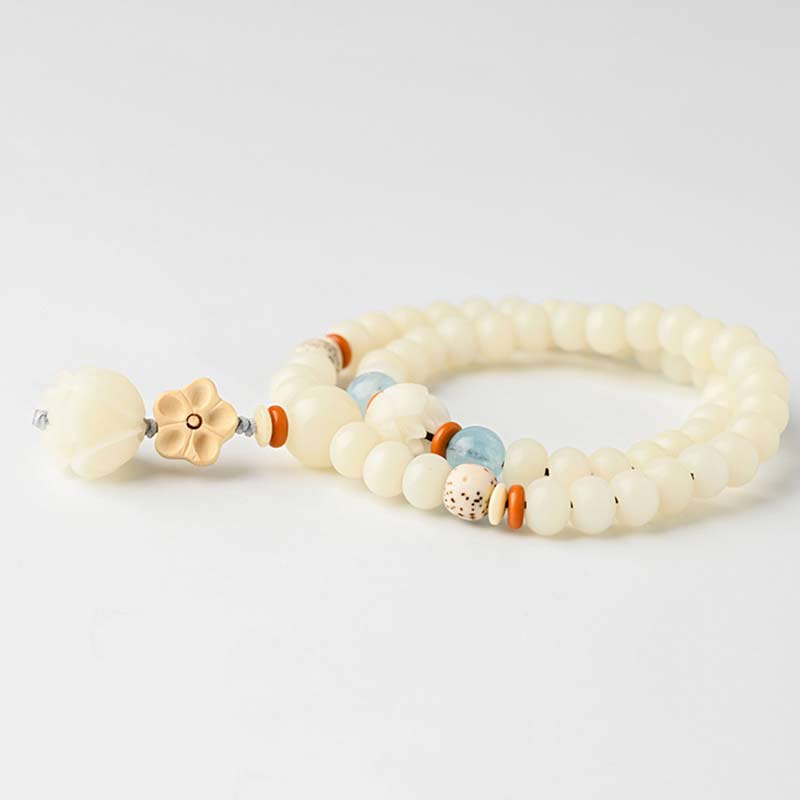 Unisex Lotus Bracelet with White Jade, Bodhi Seed & Blessings