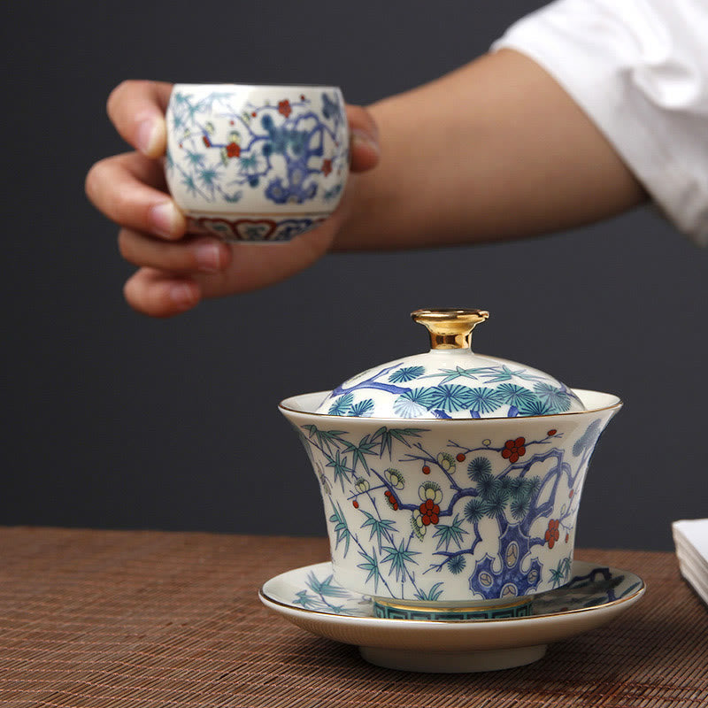 Ceramic Gaiwan Sancai Teacup 190ml with Zen Decor Art