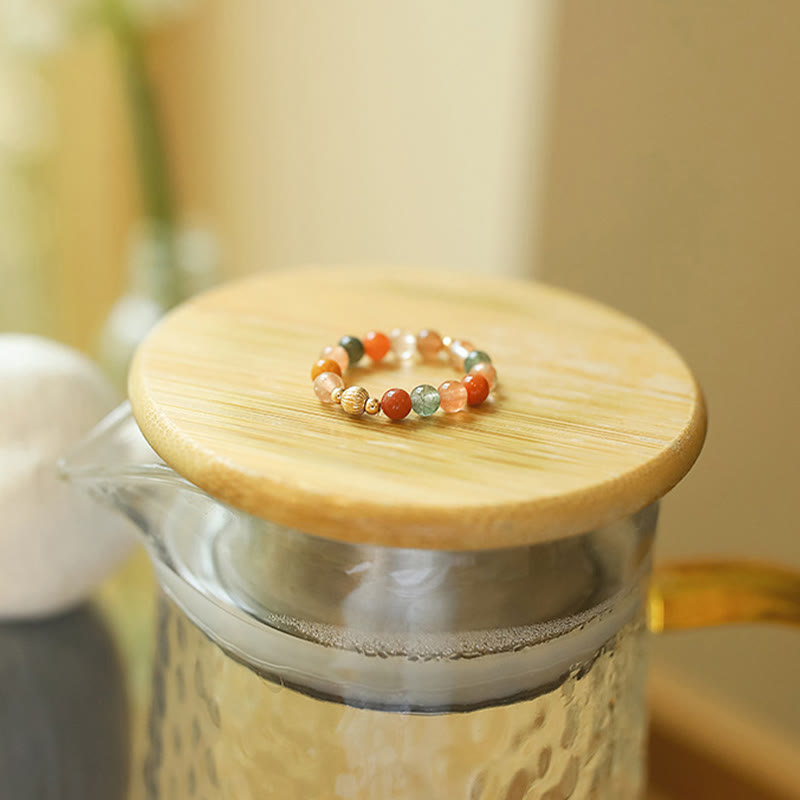 14k Gold Plated Peach Moonstone Fu Lu Shou Ring for Happiness